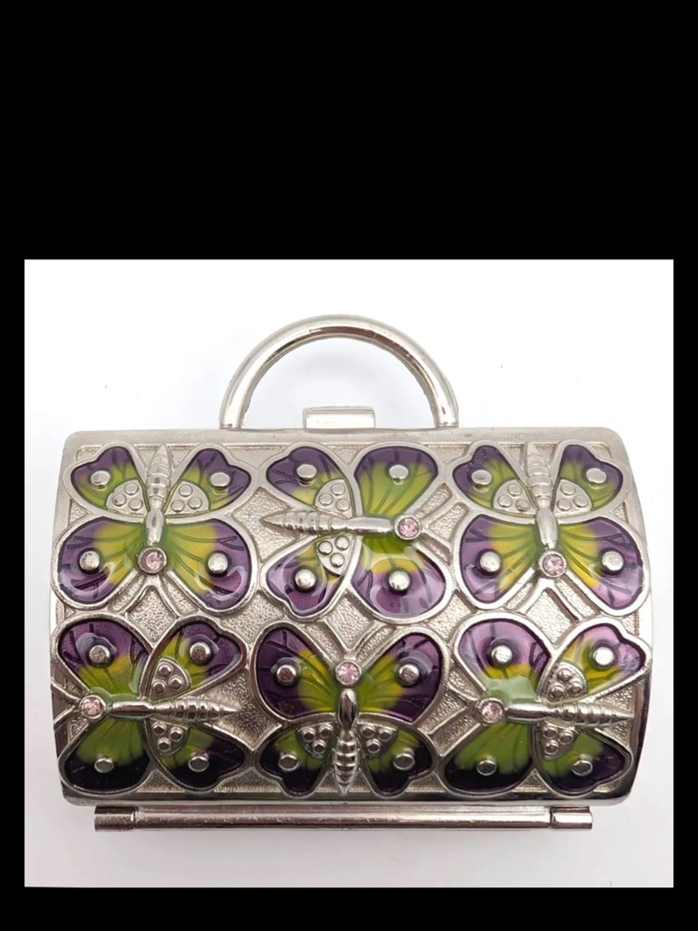 Judith Leiber Silver Clutch with Purple and Lime Green Butterfly Enamel